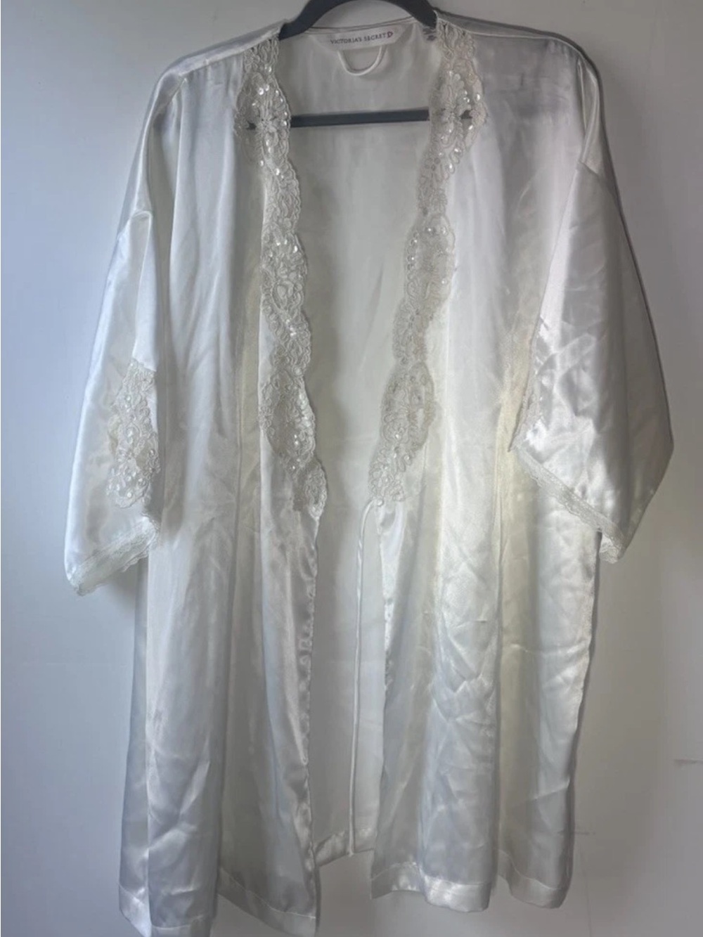 Victoria's Secret Robe O/S Wome Ivory White Satin Lace Sequin Pearl Kimono Bride